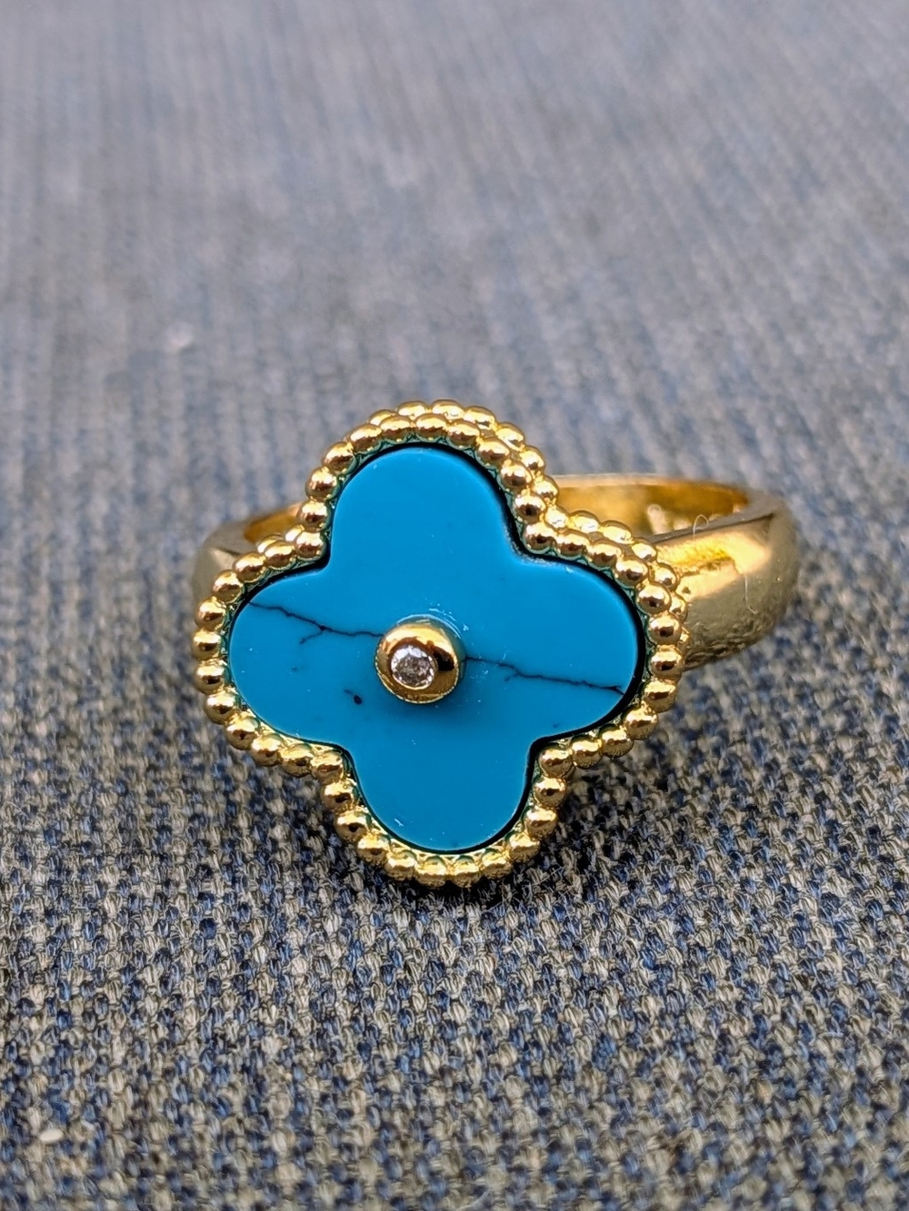 NWT Rivka Friedman Turquoise + Zirconia Clover Ring, Sz 7
